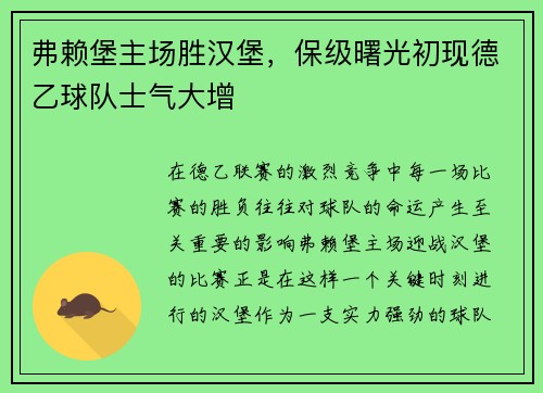 弗赖堡主场胜汉堡，保级曙光初现德乙球队士气大增