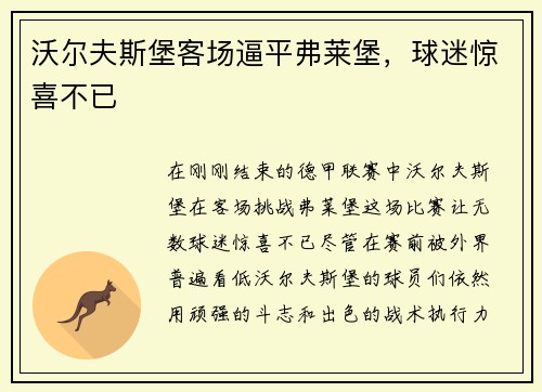 沃尔夫斯堡客场逼平弗莱堡，球迷惊喜不已